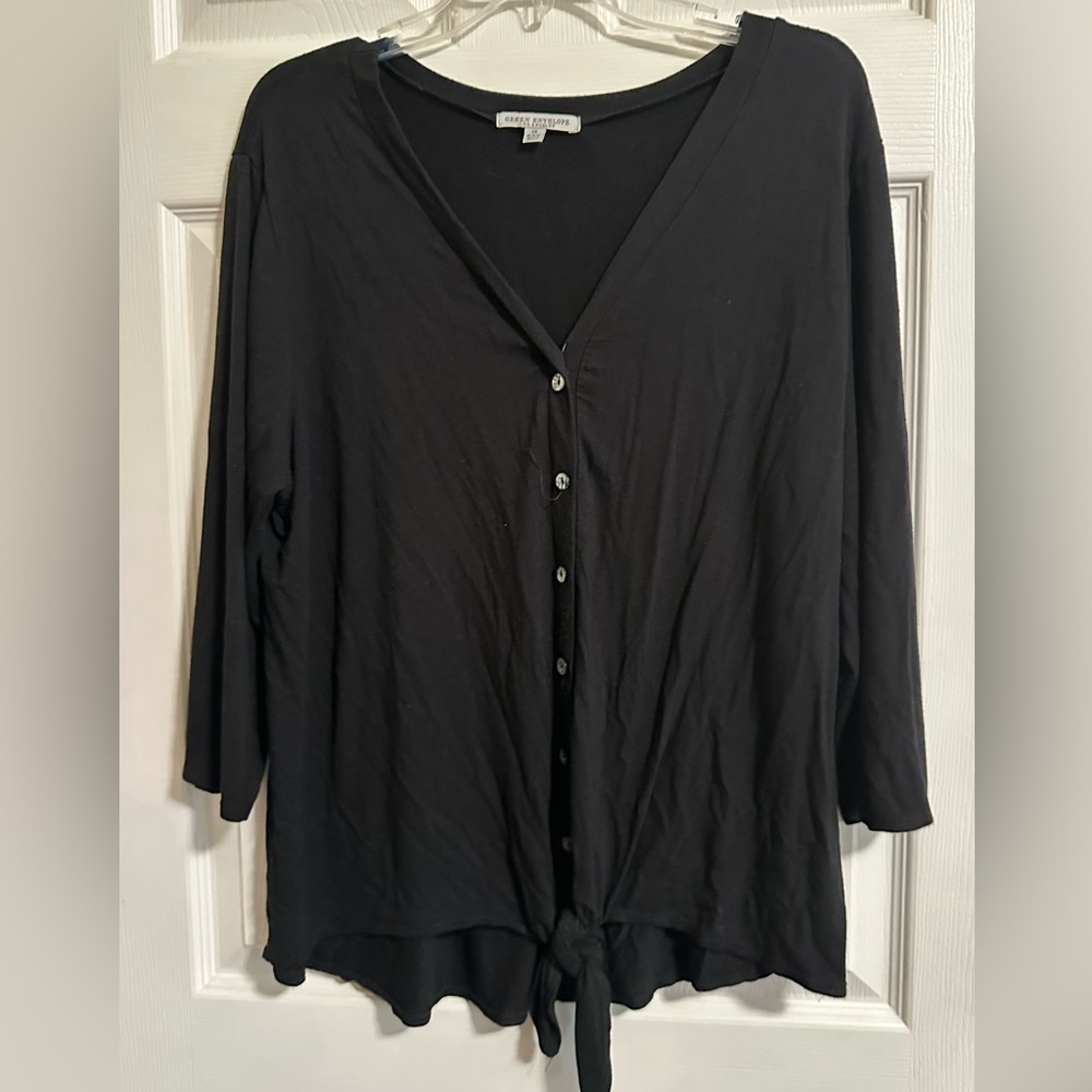Green Envelope Blouse Women 1X V Neck Tie Front Button Up Top Black 3/4 sleeve